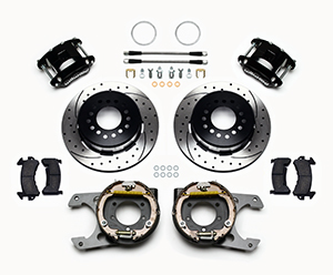 Wilwood D154 Rear Parking Brake Kit Parts Laid Out - Black Powder Coat Caliper - SRP Drilled & Slotted Rotor