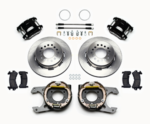 Wilwood D154 Rear Parking Brake Kit Parts Laid Out - Black Powder Coat Caliper - Plain Face Rotor