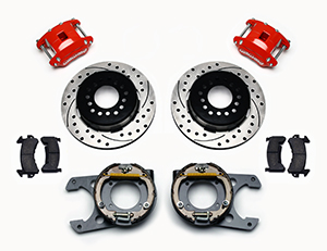 Wilwood D154 Rear Parking Brake Kit Parts Laid Out - Red Powder Coat Caliper - SRP Drilled & Slotted Rotor