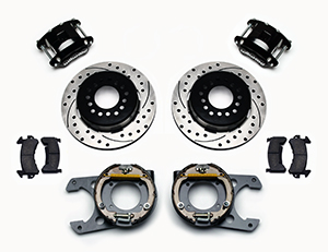 Wilwood D154 Rear Parking Brake Kit Parts Laid Out - Black Powder Coat Caliper - SRP Drilled & Slotted Rotor