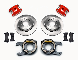 Wilwood D154 Rear Parking Brake Kit Parts Laid Out - Red Powder Coat Caliper - Plain Face Rotor