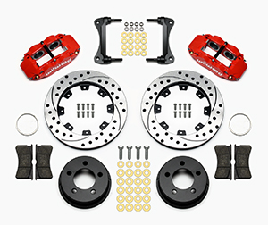 Wilwood Forged Narrow Superlite 4R Big Brake Front Brake Kit (Hat) Parts Laid Out - Red Powder Coat Caliper - SRP Drilled & Slotted Rotor