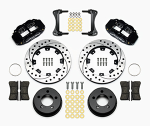 Wilwood Forged Narrow Superlite 4R Big Brake Front Brake Kit (Hat) Parts Laid Out - Black Powder Coat Caliper - SRP Drilled & Slotted Rotor