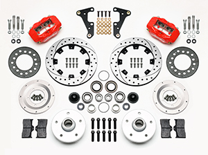 Wilwood Forged Dynalite Pro Series Front Brake Kit Parts Laid Out - Red Powder Coat Caliper - SRP Drilled & Slotted Rotor