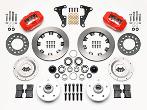 Wilwood Forged Dynalite Pro Series Front Brake Kit Parts Laid Out - Red Powder Coat Caliper - Plain Face Rotor