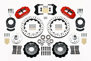 Wilwood Forged Narrow Superlite 6R Big Brake Front Brake Kit (Hub) Parts Laid Out - Red Powder Coat Caliper - SRP Drilled & Slotted Rotor