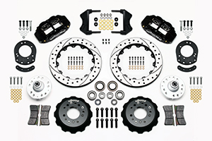 Wilwood Forged Narrow Superlite 6R Big Brake Front Brake Kit (Hub) Parts Laid Out - Black Powder Coat Caliper - SRP Drilled & Slotted Rotor