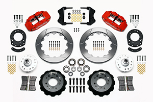 Wilwood Forged Narrow Superlite 6R Big Brake Front Brake Kit (Hub) Parts Laid Out - Red Powder Coat Caliper - GT Slotted Rotor