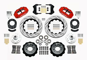 Wilwood Forged Narrow Superlite 6R Big Brake Front Brake Kit (Hub) Parts Laid Out - Red Powder Coat Caliper - SRP Drilled & Slotted Rotor