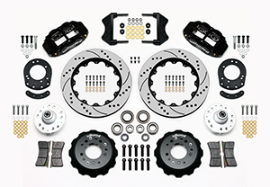 Wilwood Forged Narrow Superlite 6R Big Brake Front Brake Kit (Hub) Parts Laid Out - Black Powder Coat Caliper - SRP Drilled & Slotted Rotor