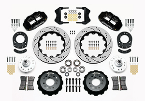 Wilwood Forged Narrow Superlite 6R Big Brake Front Brake Kit (Hub) Parts Laid Out - Black Powder Coat Caliper - SRP Drilled & Slotted Rotor