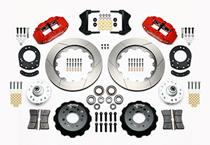 Wilwood Forged Narrow Superlite 6R Big Brake Front Brake Kit (Hub) Parts Laid Out - Red Powder Coat Caliper - GT Slotted Rotor