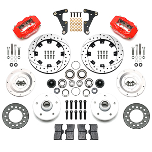 Wilwood Forged Dynalite Pro Series Front Brake Kit Parts Laid Out - Red Powder Coat Caliper - SRP Drilled & Slotted Rotor