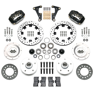 Wilwood Forged Dynalite Pro Series Front Brake Kit Parts Laid Out - Black Powder Coat Caliper - SRP Drilled & Slotted Rotor