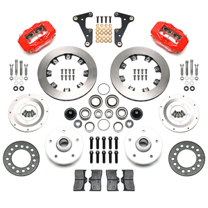 Wilwood Forged Dynalite Pro Series Front Brake Kit Parts Laid Out - Red Powder Coat Caliper - Plain Face Rotor