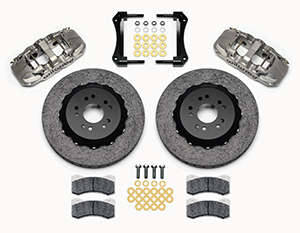 Wilwood AERO6 WCCB Carbon-Ceramic Big Brake Front Brake Kit Parts Laid Out - Nickel Plate Caliper - Plain Face Rotor
