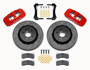 Wilwood AERO6 WCCB Carbon-Ceramic Big Brake Front Brake Kit Parts Laid Out - Red Powder Coat Caliper - Plain Face Rotor