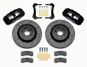 Wilwood AERO6 WCCB Carbon-Ceramic Big Brake Front Brake Kit Parts Laid Out - Black Powder Coat Caliper - Plain Face Rotor