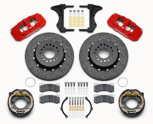 Wilwood AERO4 WCCB Carbon-Ceramic Big Brake Rear Parking Brake Kit Parts Laid Out - Red Powder Coat Caliper - Plain Face Rotor