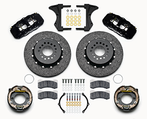 Wilwood AERO4 WCCB Carbon-Ceramic Big Brake Rear Parking Brake Kit Parts Laid Out - Black Powder Coat Caliper - Plain Face Rotor