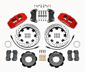 Wilwood Forged Dynapro 6 Big Brake Front Brake Kit (Hat) Parts Laid Out - Red Powder Coat Caliper - SRP Drilled & Slotted Rotor