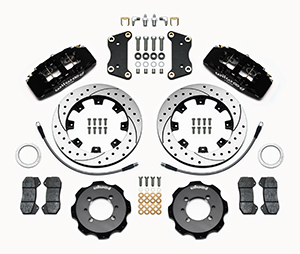 Wilwood Forged Dynapro 6 Big Brake Front Brake Kit (Hat) Parts Laid Out - Black Powder Coat Caliper - SRP Drilled & Slotted Rotor