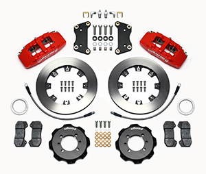 Wilwood Forged Dynapro 6 Big Brake Front Brake Kit (Hat) Parts Laid Out - Red Powder Coat Caliper - Plain Face Rotor