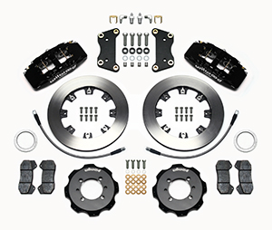 Wilwood Forged Dynapro 6 Big Brake Front Brake Kit (Hat) Parts Laid Out - Black Powder Coat Caliper - Plain Face Rotor