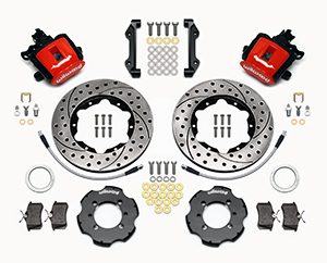 Wilwood Combination Parking Brake Caliper Rear Brake Kit Parts Laid Out - Red Powder Coat Caliper - SRP Drilled & Slotted Rotor