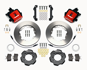 Wilwood Combination Parking Brake Caliper Rear Brake Kit Parts Laid Out - Red Powder Coat Caliper - Plain Face Rotor