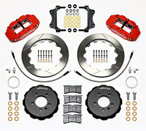 Wilwood Forged Narrow Superlite 6R Big Brake Front Brake Kit (Hat) Parts Laid Out - Red Powder Coat Caliper - GT Slotted Rotor