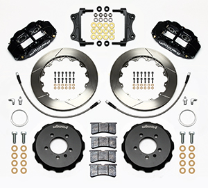 Wilwood Forged Narrow Superlite 6R Big Brake Front Brake Kit (Hat) Parts Laid Out - Black Powder Coat Caliper - GT Slotted Rotor