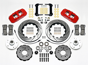 Wilwood AERO6 Big Brake Truck Front Brake Kit Parts Laid Out - Red Powder Coat Caliper - SRP Drilled & Slotted Rotor