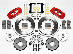 Wilwood AERO6 Big Brake Truck Front Brake Kit Parts Laid Out - Red Powder Coat Caliper - GT Slotted Rotor