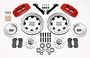 Wilwood Forged Dynapro 6 Big Brake Front Brake Kit (Hub) Parts Laid Out - Red Powder Coat Caliper - SRP Drilled & Slotted Rotor