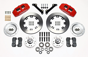 Wilwood Forged Dynapro 6 Big Brake Front Brake Kit (Hub) Parts Laid Out - Red Powder Coat Caliper - Plain Face Rotor