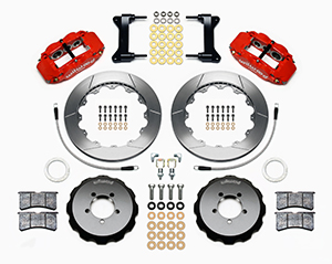 Wilwood Forged Narrow Superlite 6R Big Brake Front Brake Kit (Hat) Parts Laid Out - Red Powder Coat Caliper - GT Slotted Rotor