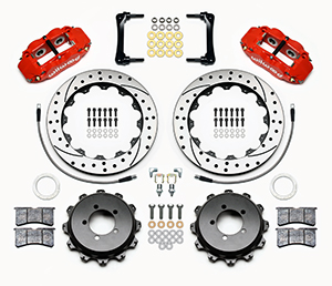 Wilwood Forged Narrow Superlite 4R Big Brake Rear Brake Kit For OE Parking Brake Parts Laid Out - Red Powder Coat Caliper - SRP Drilled & Slotted Rotor