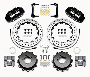 Wilwood Forged Narrow Superlite 4R Big Brake Rear Brake Kit For OE Parking Brake Parts Laid Out - Black Powder Coat Caliper - SRP Drilled & Slotted Rotor