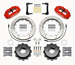 Wilwood Forged Narrow Superlite 4R Big Brake Rear Brake Kit For OE Parking Brake Parts Laid Out - Red Powder Coat Caliper - GT Slotted Rotor