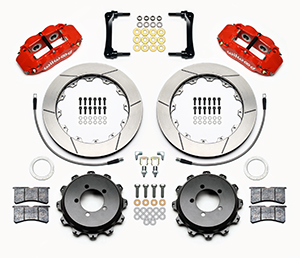 Wilwood Forged Narrow Superlite 4R Big Brake Rear Brake Kit For OE Parking Brake Parts Laid Out - Red Powder Coat Caliper