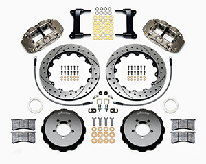 Wilwood Forged Narrow Superlite 6R Big Brake Front Brake Kit (Hat) Parts Laid Out - Nickel Plate Caliper - SRP Drilled & Slotted Rotor