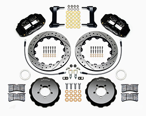 Wilwood Forged Narrow Superlite 6R Big Brake Front Brake Kit (Hat) Parts Laid Out - Black Powder Coat Caliper - SRP Drilled & Slotted Rotor