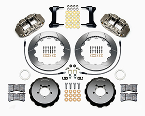 Wilwood Forged Narrow Superlite 6R Big Brake Front Brake Kit (Hat) Parts Laid Out - Nickel Plate Caliper - GT Slotted Rotor