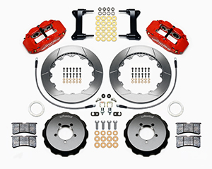 Wilwood Forged Narrow Superlite 6R Big Brake Front Brake Kit (Hat) Parts Laid Out - Red Powder Coat Caliper - GT Slotted Rotor