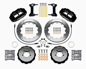 Wilwood Forged Narrow Superlite 6R Big Brake Front Brake Kit (Hat) Parts Laid Out - Black Powder Coat Caliper - GT Slotted Rotor