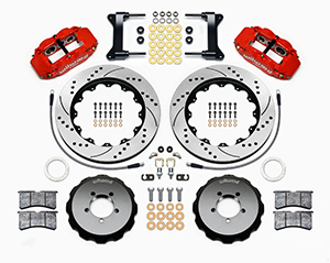 Wilwood Forged Narrow Superlite 6R Big Brake Front Brake Kit (Hat) Parts Laid Out - Red Powder Coat Caliper - SRP Drilled & Slotted Rotor