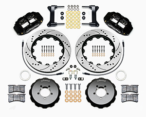 Wilwood Forged Narrow Superlite 6R Big Brake Front Brake Kit (Hat) Parts Laid Out - Black Powder Coat Caliper - SRP Drilled & Slotted Rotor