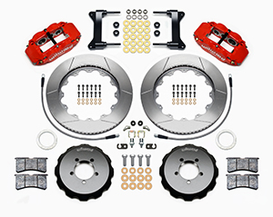 Wilwood Forged Narrow Superlite 6R Big Brake Front Brake Kit (Hat) Parts Laid Out - Red Powder Coat Caliper - GT Slotted Rotor