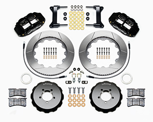 Wilwood Forged Narrow Superlite 6R Big Brake Front Brake Kit (Hat) Parts Laid Out - Black Powder Coat Caliper - GT Slotted Rotor